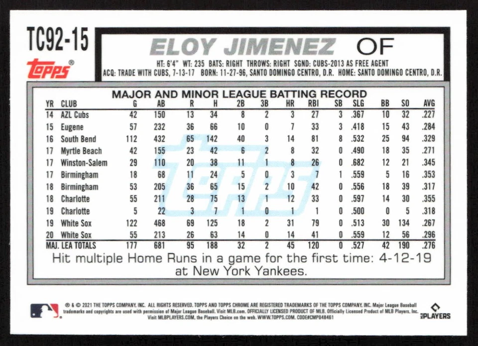 2021 Topps Update 1992 Eloy Jimenez #TC92-15 White Sox - Image 2 of 2
