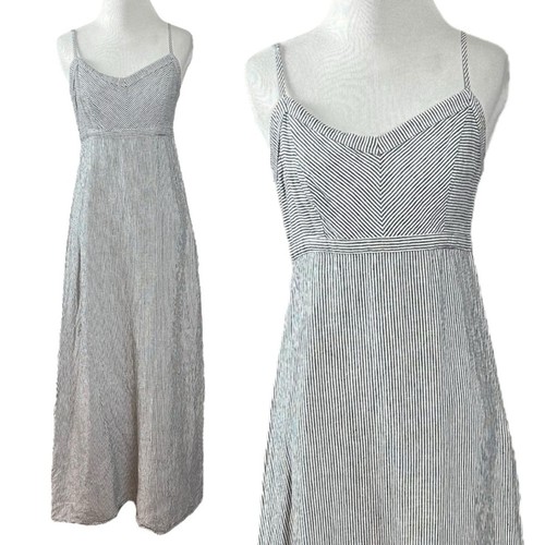 Anthropologie Antibes Blanc Striped Linen Maxi Dress XS 0 Blue White Coastal