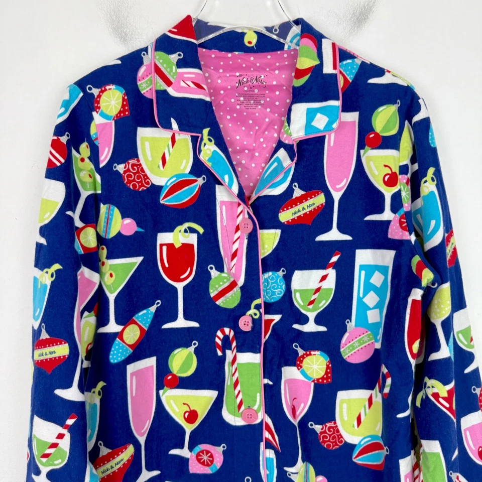 Camisa de dormir Nick & Nora Natal coquetéis flanela tamanho médio M em excelente estado usado - Imagem 2 de 4