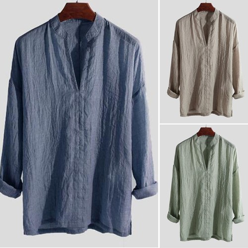 Mens Long Sleeve T-Shirt Summer Beach Loose Casual V-Neck Shirts Tops M-2XL - Picture 2 of 22