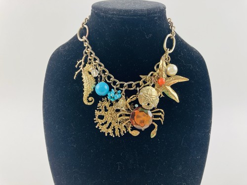 Vintage Maritim Küste Charm Halskette Grob Gold Ton Seestern Bernstein Krabbe Meer - Bild 2 von 12