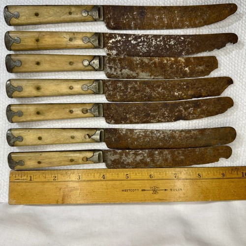 175 YEAR OLD Lot Of 7 Antique CIVIL WAR Dinner Knives Bone Handle Pewter Knife - Picture 5 of 5