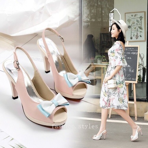 Sandali donna tacco alto fiocco punta aperta cinturino fibbia slingbacks scarpe dolci - Foto 6 di 19