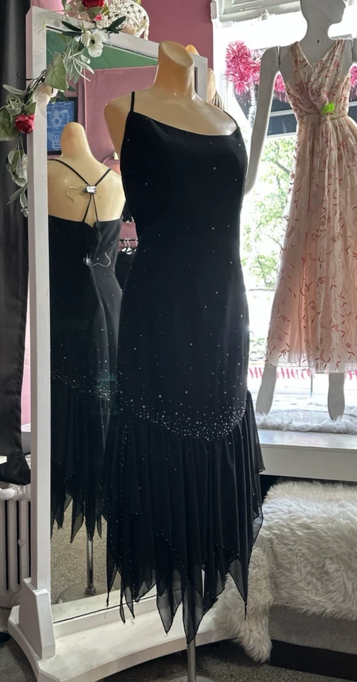 Vestido midi vintage años 90 Y2K con cuentas de hadas negro con tiras cóctel fiesta caprichoso L/XL Foto 4 de 4