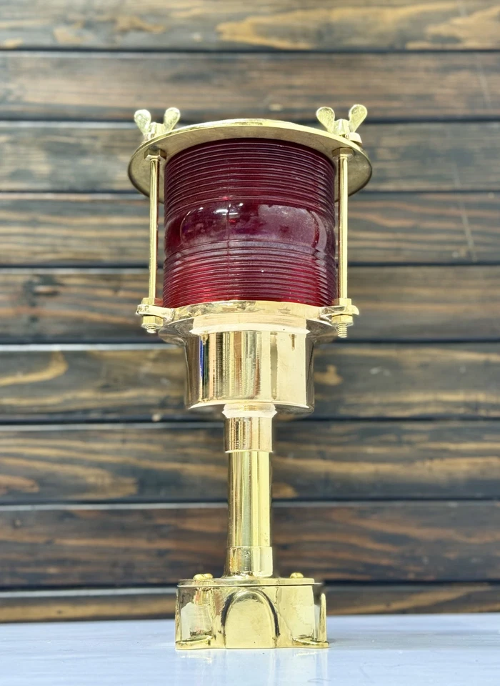 Old Brass Electric Marine Lamp | Restored Nautical Cargo Ship Light - Red Glass - Image 4 of 4