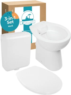 CALMWATERS Komplettset Stand-WC WC-Sitz Spülkasten Spülrandlos Erhöht +7cm Absenkautomatik