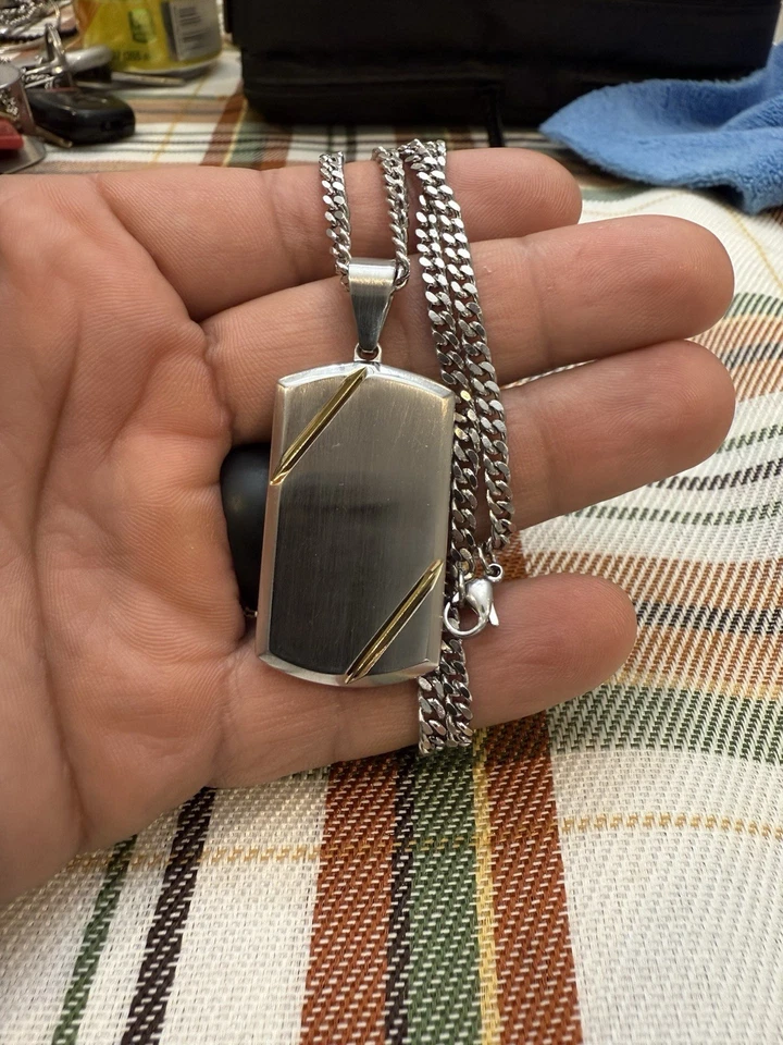 Mens Silver/Gold/Black Stainless Steel Dog Tag Charm Pendant Box Necklace Chain  - Image 4 of 4