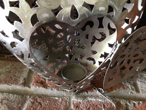 Pretty Large Silver Metal Heart Hanging Tea Light Candle Holder Handmade Mexico - Picture 4 of 11