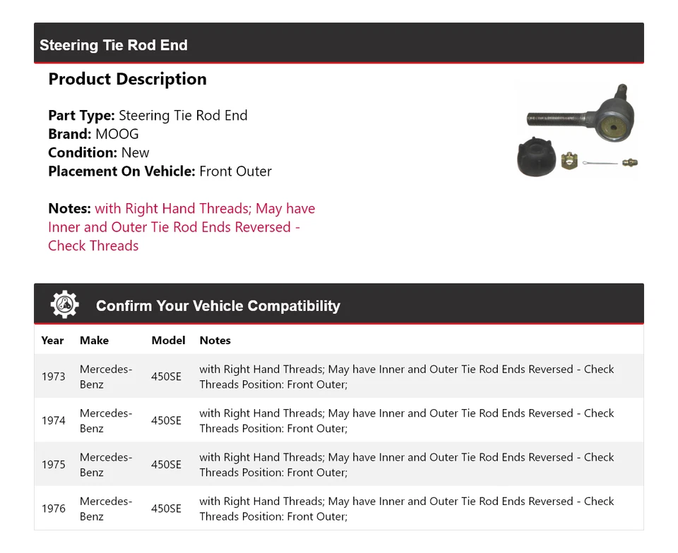 Para Mercedes-Benz 450SE 1973-1976 extremo de barra de dirección exterior delantero MOOG 1973 Foto 2 de 4