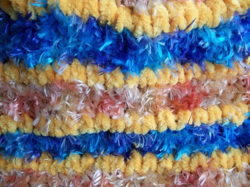 Hand knitted fuzzy striped bulky beanie/hat, yellow/blue - Picture 6 of 6