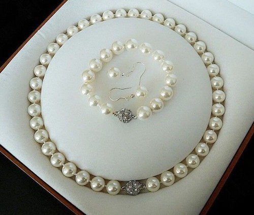 10mm Genuine White Round Shell Pearl Necklace Bracelet Earring Jewelry Set - Picture 3 of 12
