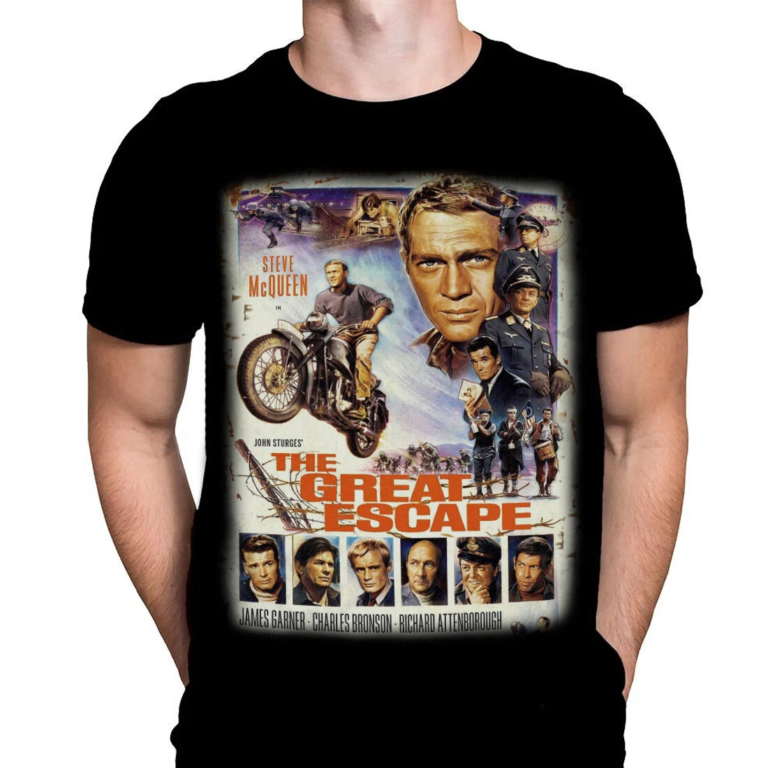 THE GREAT ESCAPE  - Black T-Shirt - Sizes S - 4XL - War Movie / Steve McQueen