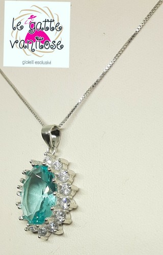 Collana Donna con ciondolo acquamarina ovale con zirconi biachi - Foto 4 di 4