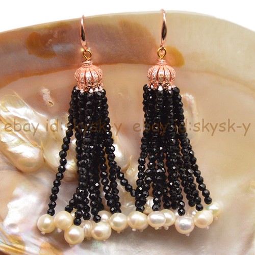 3mm Black Spinel 7-8mm White Pearl Beaded Tassel Crown Dangle Hook Earrings - Picture 25 of 25