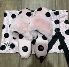 Victoria's Secret Signature Satin Slippers Pink/Black Polka Dot w/ Faux Fur NEW