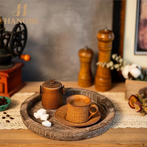 Rustic Wooden Serving Tray - Round Vintage Butler Tray for Coffee Table Decor - Picture 4 of 18