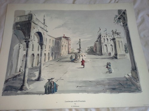 Vintage Abstract Art Litho Landscape with Fountain by C Williams 24 x 18" - Imagen 2 de 7