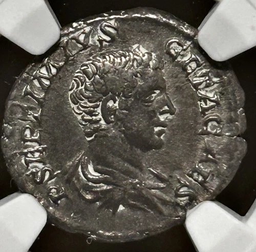 Geta AR Denarius AD 209-211 as Caesar Geta sacrificing NGC Ch VF