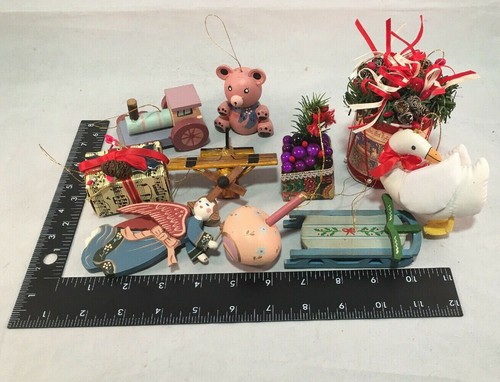 Christmas Ornaments Wood Cardboard Sled Goose Train Angel Bear Mixed Lot of 10 - Picture 2 of 5