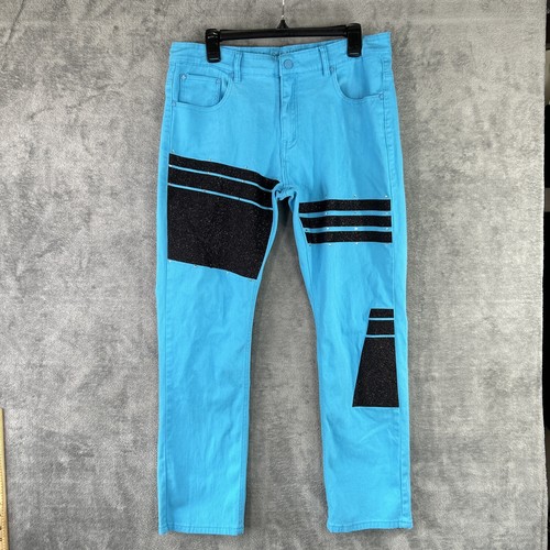 Perruzo Herren 34 x 30 Türkis Blau & Schwarz Slim Fit Denim Hose Grunge Street