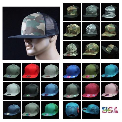 Mens Flat Bill Trucker Baseball Cap Snap back Camo Army Hiking Mid Crown Hat - Picture 4 of 37
