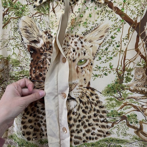 Camisa De Colección Diane Gilman Para Mujer 100% Seda Leopardo Selva Abotonada Pequeña - Imagen 4 de 13