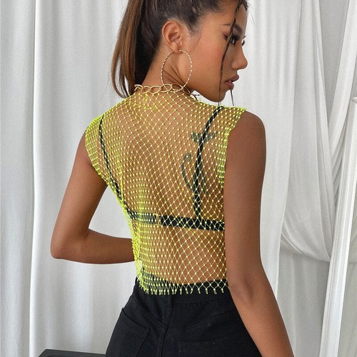 Women Sleeveless Rhinestone Mesh Crop Vest Top See Through V-neck Cover Up - Picture 10 of 31