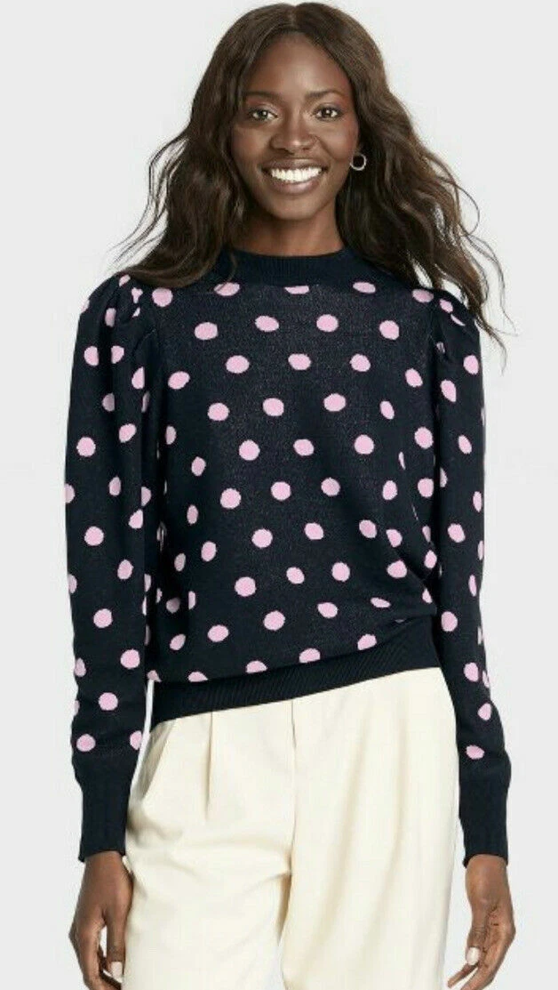 Who What Wear Womenu0026#039;s Polka Dot Mock Turtleneck Pullover Sweater Black  Pink | eBay