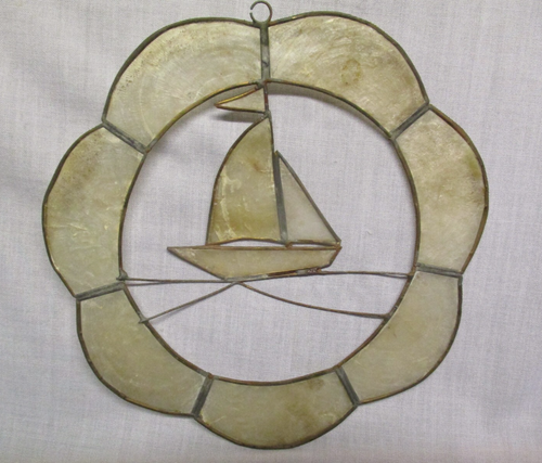 Capiz Shell Sun Catcher Sailboat &Seagull Round Window Suncatcher Beach Cottage - Picture 5 of 6