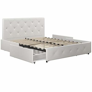 Full Size Bed Frame With Storage Drawers Tufted Headboard White Faux Image Is Loading Full Size Bed Frame With Storage Drawers Tufted