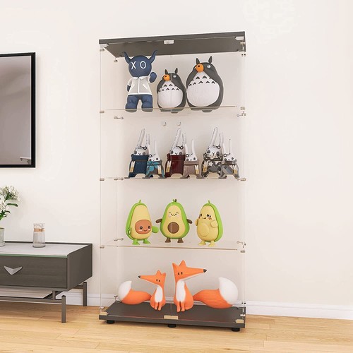 4-Tier Glass Display Cabinet Floor Standing Curio Bookshelf 2 Doors Black 64" - Picture 5 of 12