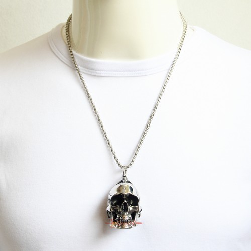 Men's Large Heavy Retro Retro 3D Skull Stainless Steel Biker Necklace Pendant - Picture 5 of 31