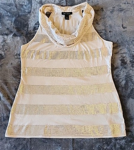 White House Black Market beige ärmellos Pailletten Top Wasserfallausschnitt Größe Medium 