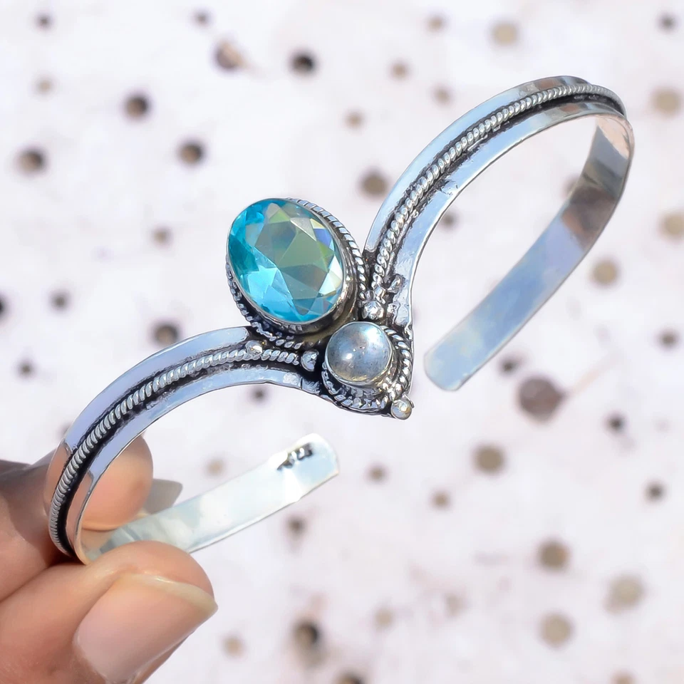 Blautopas Labradorit Edelstein 925 Sterling Silber Party Armreif Handarbeit M... - Bild 2 von 4