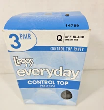 Leggs Everyday Sz Q Off Black Control Top Sheer Toes 3 PAIR PACK Damaged Box