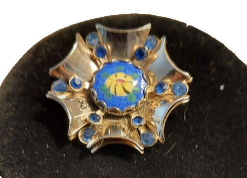 VITAGE GOLDTONE BLUE RHINESTONES & HANDPAINTED BROOCH - Picture 2 of 3