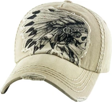 Native American Indian Chief Vintage Skull Distressed Khaki Cap Hat by KB Ethos