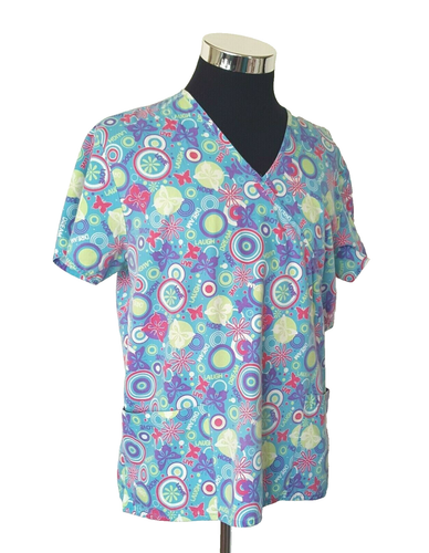 Scrubs Uniform Top Women's Size XL Multicolor on Blue Love Laugh Dream Hope - Picture 11 of 12