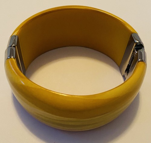 Vintage Mustard Yellow Swirl Hinged Bracelet Cuffed 1 1/4” Wide + Earrings - Picture 3 of 10