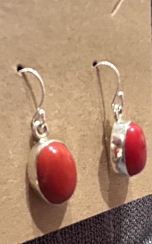 Sterling Silver Red Coral Drop Earrings Oval Stone Wire Pierced Dangle 925 - Picture 2 of 15