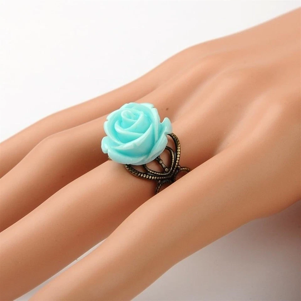Lacy Bronze Victorian Style Blue Rose Flower Lucite Cabochon Adjustable Ring - Image 3 of 3