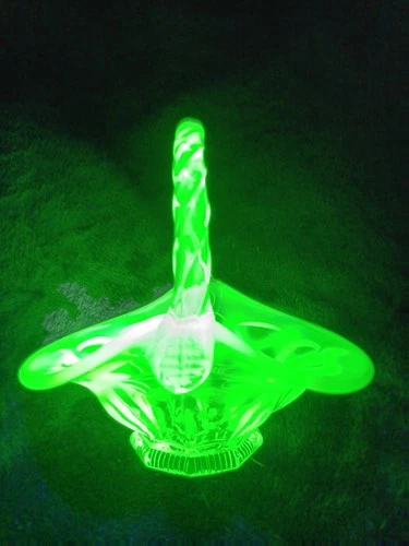 Fenton Green Opalescent Uranium Glass Basket With Handle 6in Tall  6 1/2in Wide