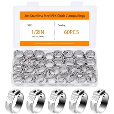 1/2 PEX Crimp Ring 60 PCS, Cinch Clamps, 304 Stainless 1/2inch, Silver