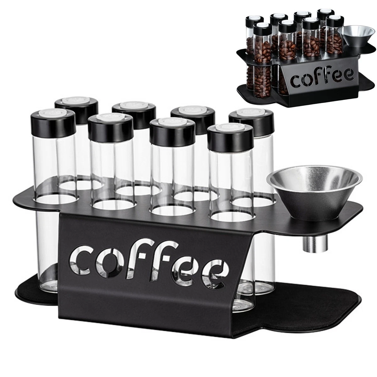 Glass Tube Coffee Storage Rack with Metal Base Funnel for Coffee Enthu