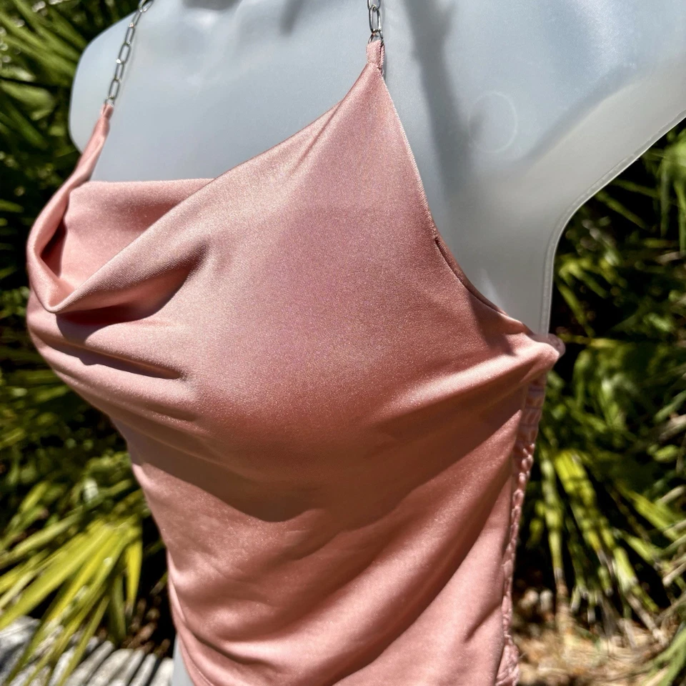 Sexy Top Papaya Malva Rosa Satinado Elastizado Calado Talla S Cadena Correa Halter Y2K Foto 4 de 4