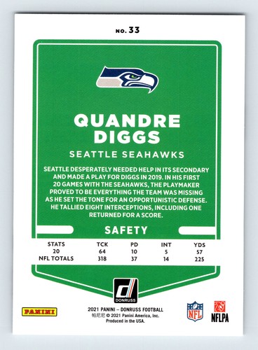 2021 Donruss Quandre Diggs #33 Football Seattle Seahawks - Picture 2 of 2