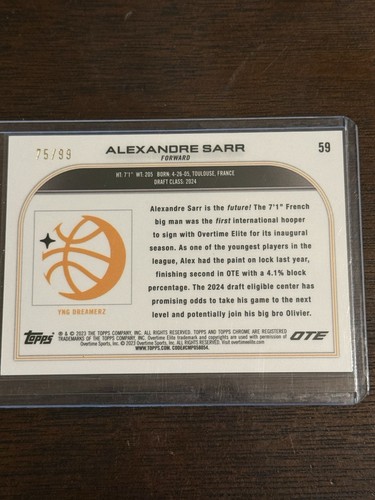 2023 Topps Chrome OTE Basketball Blue Wave Alexandre Sarr Rookie Card # 75/99 - Picture 6 of 6