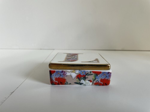 Anthropologie Initiale L Floral Monogramm Handbemalt Deckel Steinzeug Schmuckschatulle - Bild 2 von 7