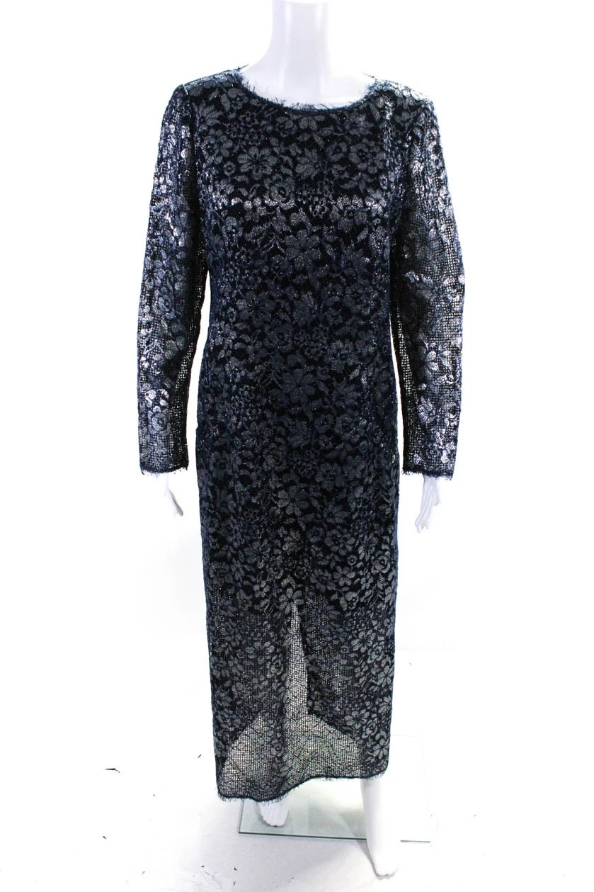 Abito vestito donna Chanel blu argento pizzo floreale girocollo manica lunga taglia 44