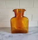 8" BLENKO Double Spout Glass Water Bottle Carafe Amber Golden Wheat VTG Sticker